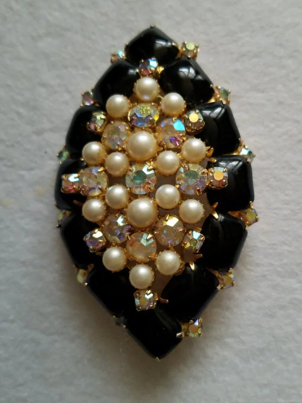 Vintage Black Glass with Faux Pearls and Rhinestone Domed Brooch
